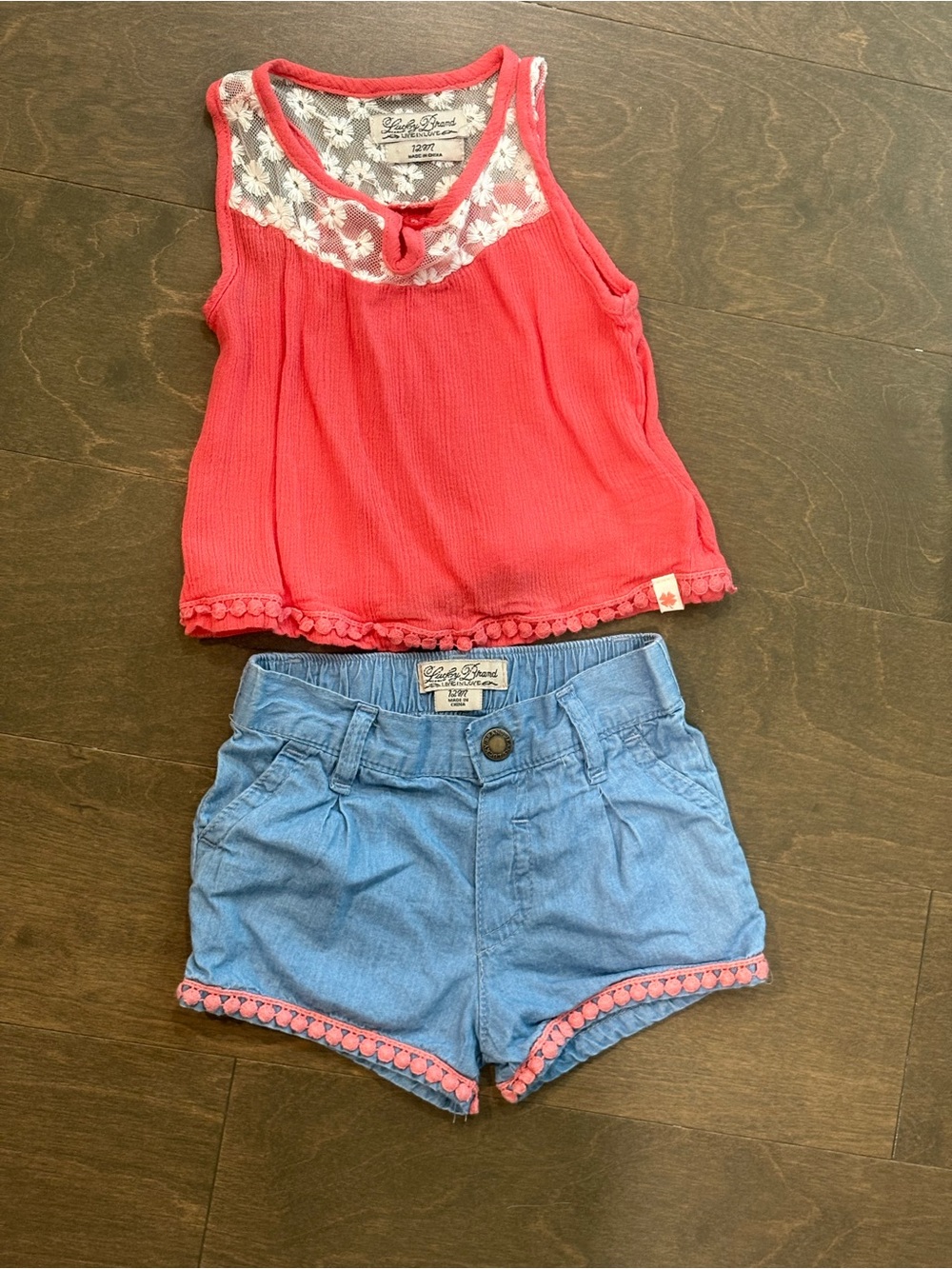 Lucky Brand Baby Girl 12M 2 Piece Outfit Lace Top Chambray Shorts